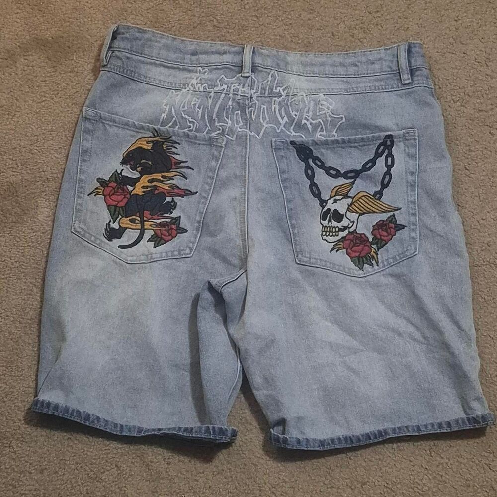 Ninth Hall Zumiez Mens 32 Blue Denim Jorts Heavy Embroidery Skate Grunge Y2K